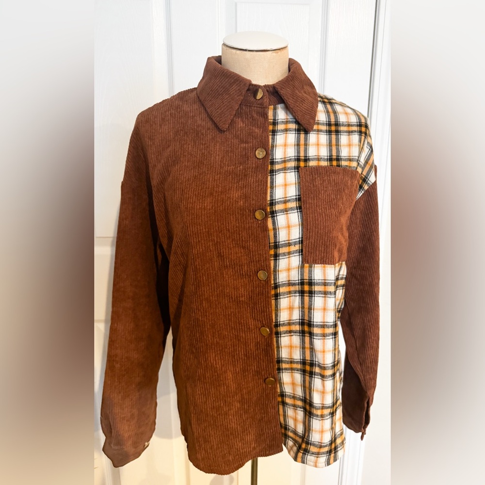 Brown and Plaid Corduroy Button-Up Flannel